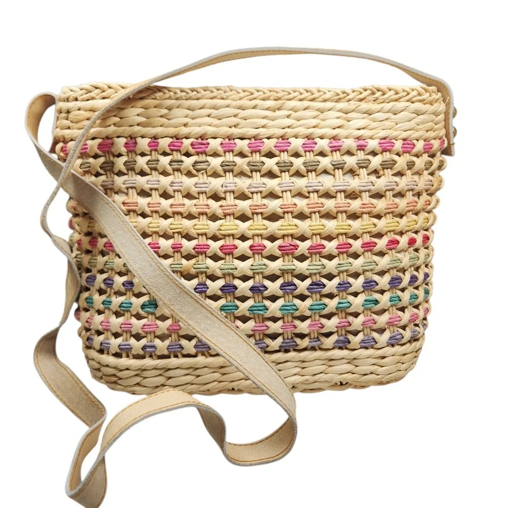 Vintage Rainbow Straw Raffia Woven Hobo Shoulder Bag Boho Coastal Cottage Y2K